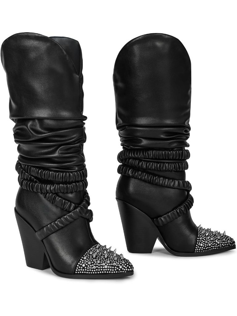 Women's Black Chunky Heel Knee High Elastic Band Punk Rock Western Cowgirl Boots